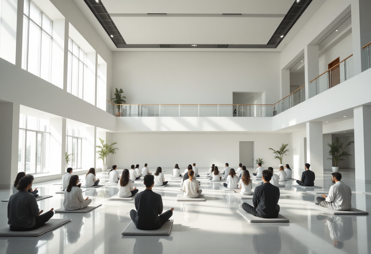 Large two-storey meditation hall interior